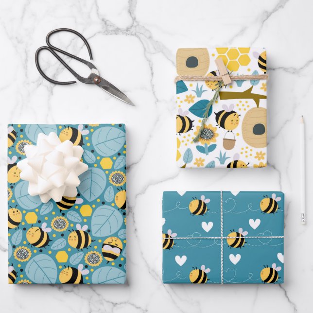 Cute Honey Bee Wrapping Paper Set of 3 (Front)