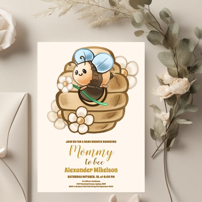 Cute Honey Bee Yellow Floral Greenery Baby Shower Invitation (Creator Uploaded)