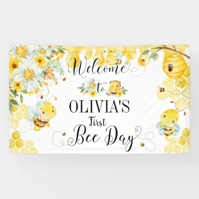 Cute Honey Bees First 1st 2nd Birthday Backdrop Banner (Horizontal)