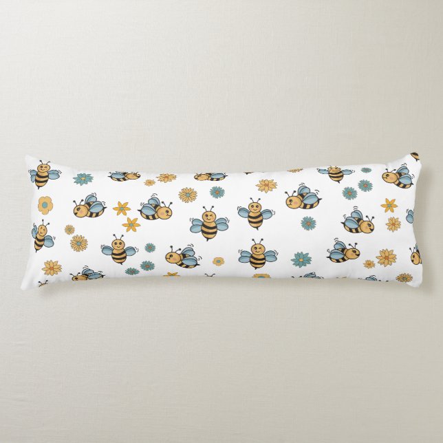 Cute Honey Bees & Floral Wildflowers Body Cushion (Front)