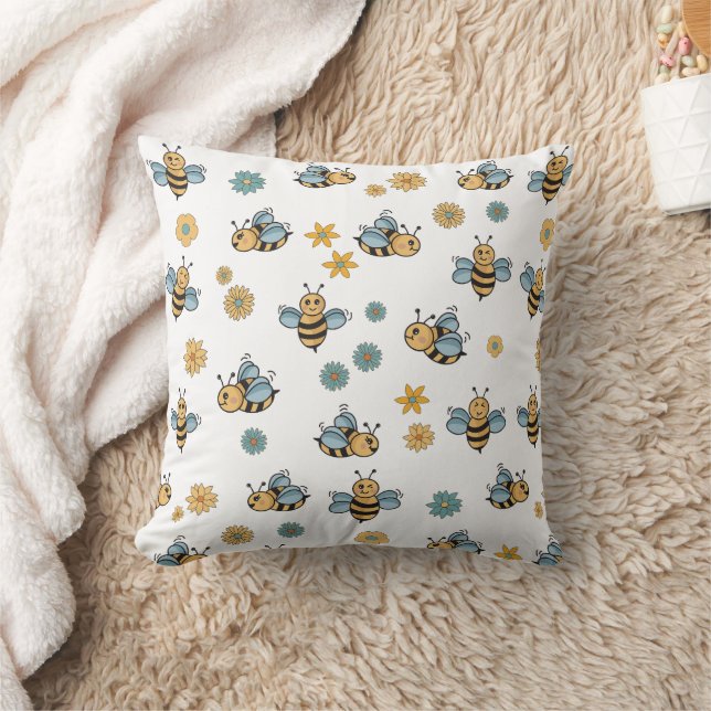 Cute Honey Bees & Floral Wildflowers Cushion (Blanket)
