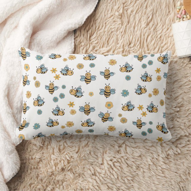 Cute Honey Bees & Floral Wildflowers Lumbar Cushion (Blanket)