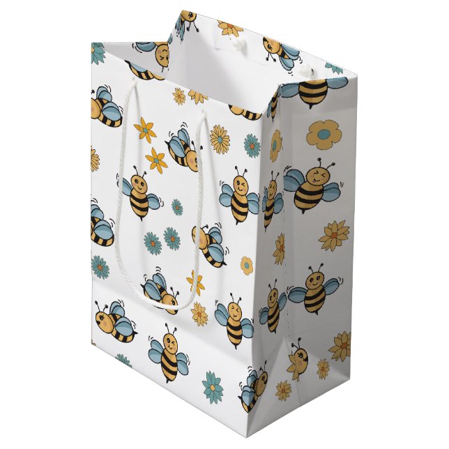 Cute Honey Bees & Floral Wildflowers Medium Gift Bag (Front Angled)