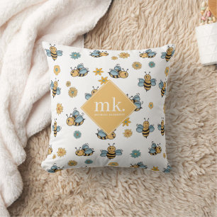 Cute Honey Bees & Floral Wildflowers Monogram Cushion