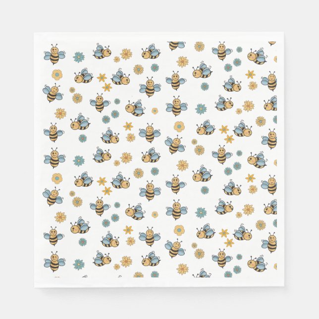 Cute Honey Bees & Floral Wildflowers Napkin (Front)