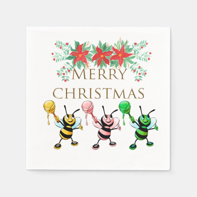 Cute Honey Bees Gold Merry Christmas   Napkin (Front)