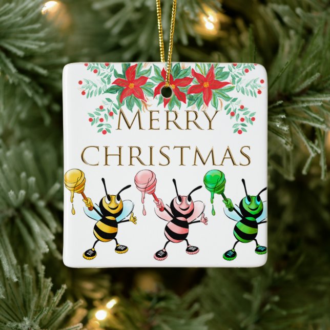 Cute Honey Bees Gold Merry Christmas Ornament (Tree)