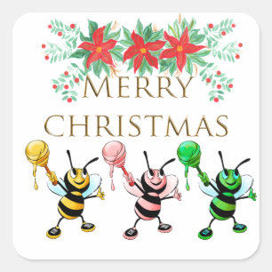 Cute Honey Bees Gold Merry Christmas   Square Sticker