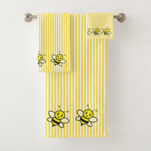 Cute Honey Bees on Yellow Stripes Bath Towel Set