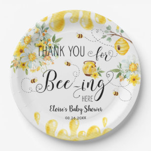 Cute Honey Bees Yellow Floral Birthday Baby Shower Paper Plate