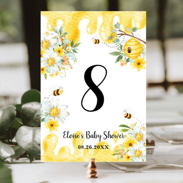 Cute Honey Bees Yellow Floral Birthday Baby Shower Table Number (Creator Uploaded)