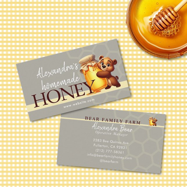 Cute Honey Happy Teddy Bear Jar Honeycomb Business Card (Creator Uploaded)