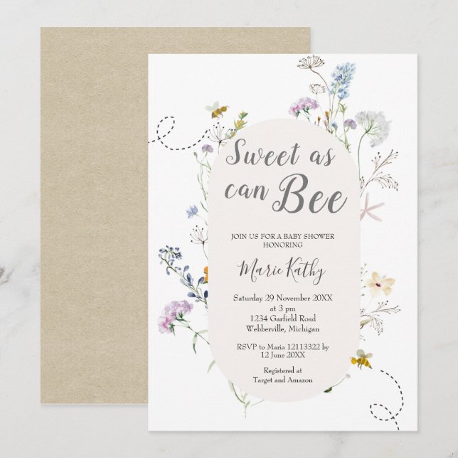 Cute Honey Sweet As Can Bee Wildflower Baby Shower Invitation (Front/Back)