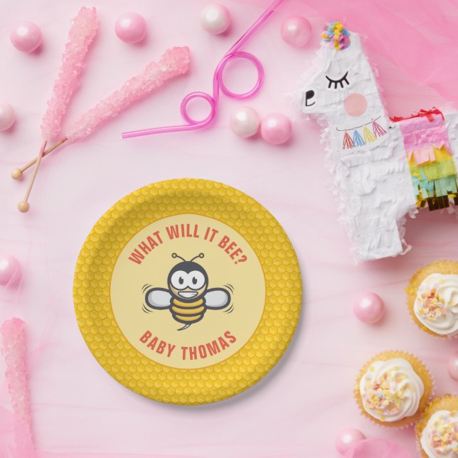 Cute Honeybee Gender Reveal Honeycomb Paper Plate (Party)