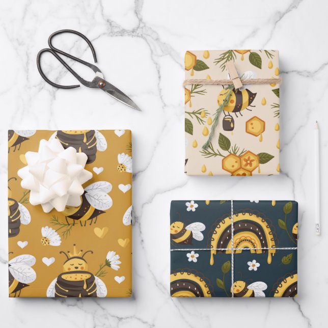 Cute Honeybees Honeycomb  Wrapping Paper Sheet (Front)
