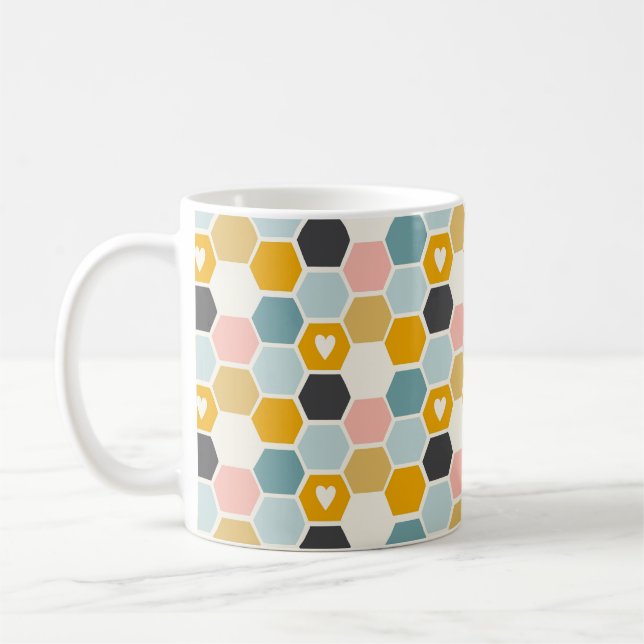 Cute Honeycomb Happy Funny Bee Heart Love Pattern Coffee Mug (Left)
