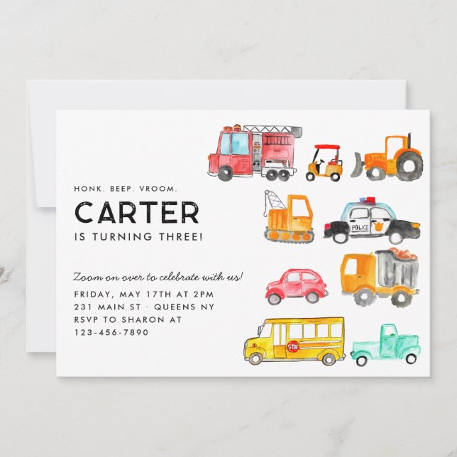 Cute Honk Beep Vroom Transportation Kids Birthday Invitation (Front)