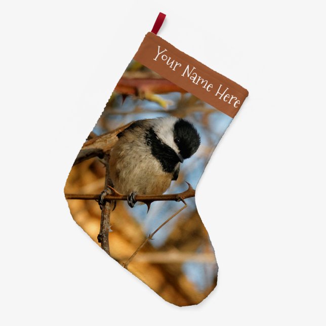 Cute Hopeful Black-Capped Chickadee Songbird Large Christmas Stocking (Front (Hanging))