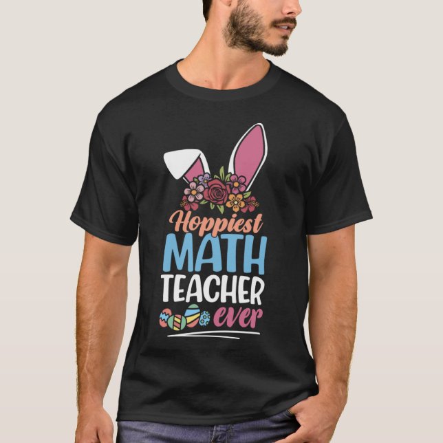 Cute Hoppiest Math Teacher Ever Bunny Ear Red Plai T-Shirt (Front)
