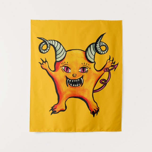 Cute Horned Demon Cartoon Monster Kids Yellow Tapestry (Front)