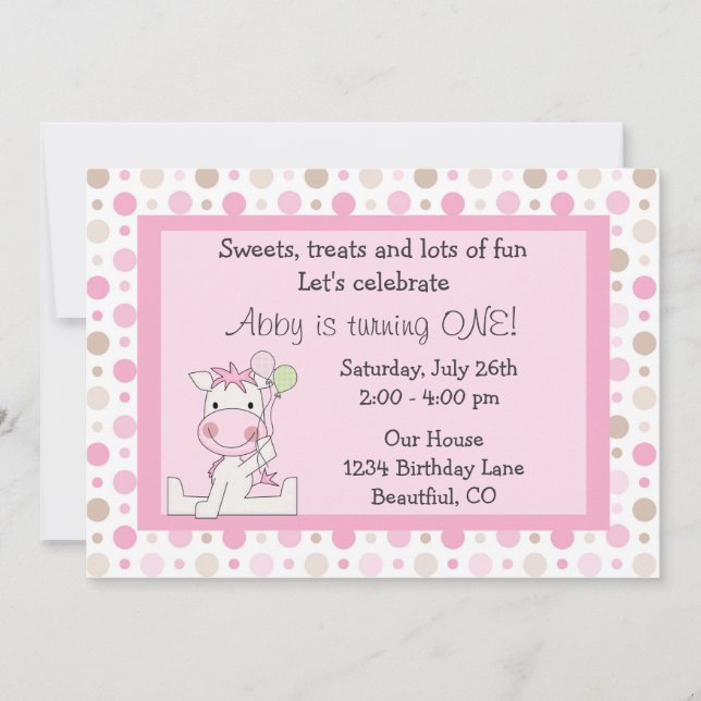 Cute Horse 1st Birthday Invitation for Girls (Front)