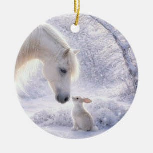 Cute Horse and Bunny Snow Christmas Ceramic Ornament