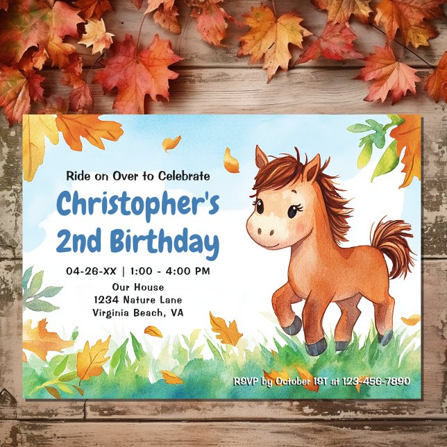 Cute Horse and Fall Leaves | Pony Autumn Birthday Invitation (Front - Cute Horse and Fall Leaves  Pony Autumn Birthday Invitation)