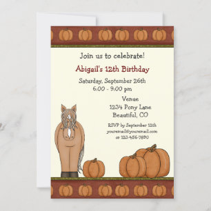 Cute Horse and Fall Pumpkins Autumn Birthday Invitation