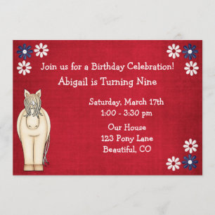 Cute Horse and Flowers Red White and Blue Birthday Invitation