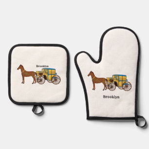 Cute horse and royal carriage illustration oven mitt & pot holder set
