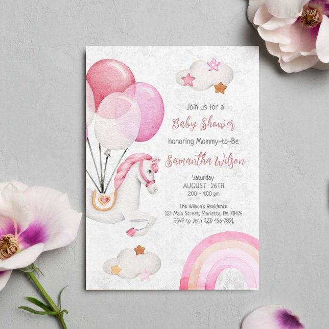 Cute Horse Balloons Rainbow Baby Shower Watercolor Invitation (Creator Uploaded)