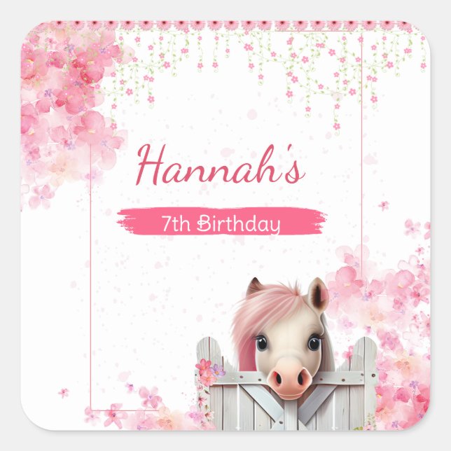 Cute Horse Birthday Pink Floral Personalised Square Sticker (Front)