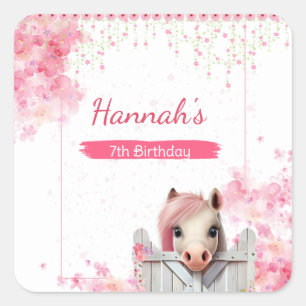 Cute Horse Birthday Pink Floral Personalized Square Sticker