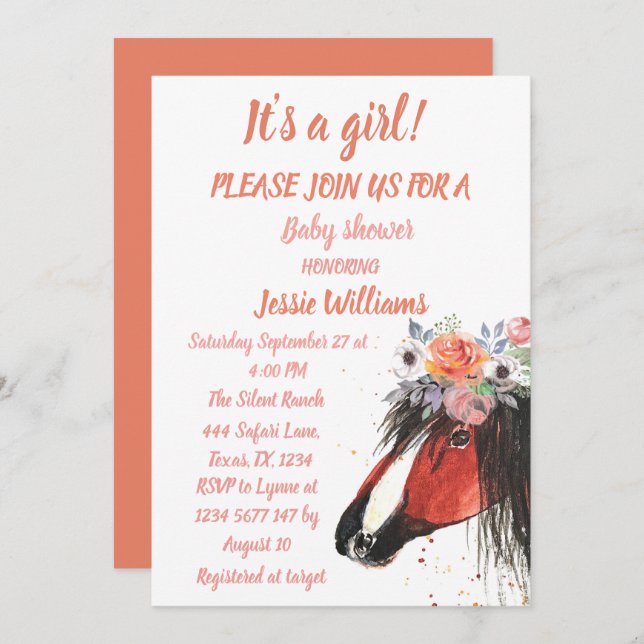 Cute Horse Boho Ranch Baby Girl Western Floral Inv Invitation (Front/Back)