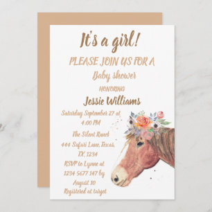 Cute Horse Boho Ranch Baby Girl Western Floral  Invitation