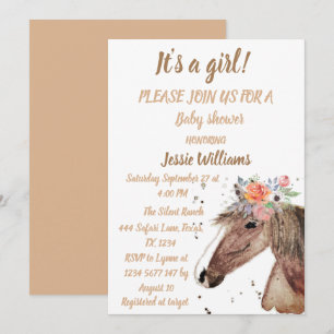 Cute Horse Boho Ranch Baby Girl Western Floral  Invitation