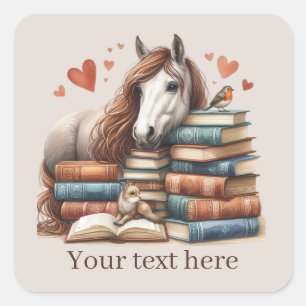 Cute horse book lovers add text square sticker