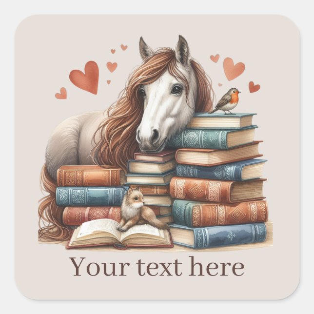 Cute horse book lovers add text square sticker (Front)