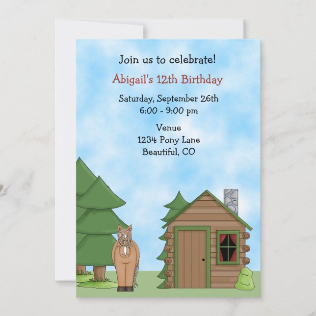 Cute Horse & Cabin Birthday Invitation for Girls (Front)