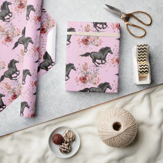 Cute Horse Flowers Glitter Birthday  Wrapping Paper (Crafts)
