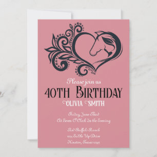 Cute horse girl heart, Minimalist 40th birthday Invitation