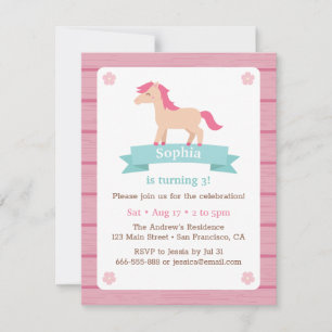 Cute Horse Girls Pink Birthday Party Invitation
