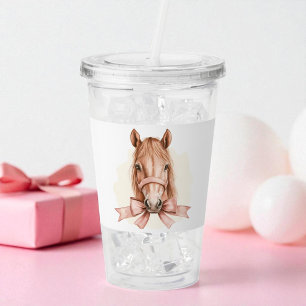 Cute Horse Girly Pink Bow Watercolor Animal Name Acrylic Tumbler
