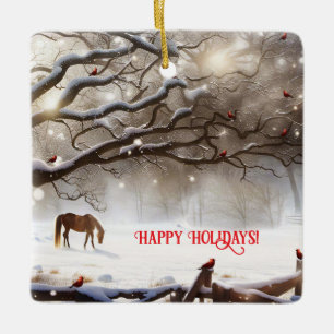Cute Horse in Pasture with Cardinals Christmas Ceramic Ornament
