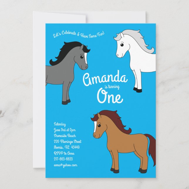 Cute Horse Kids 1st Birthday Party Blue Invitation (Front)