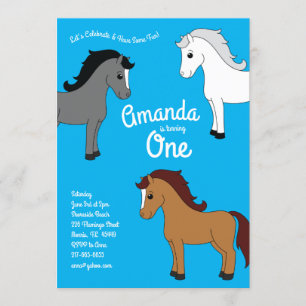 Cute Horse Kids 1st Birthday Party Blue Invitation