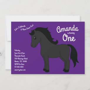 Cute Horse Kids 1st Birthday Party Purple Black Invitation