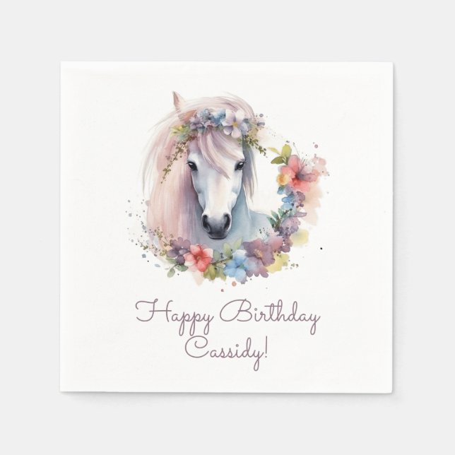 Cute Horse Pony Flowers Kids Birthday Party Napkin (Front)
