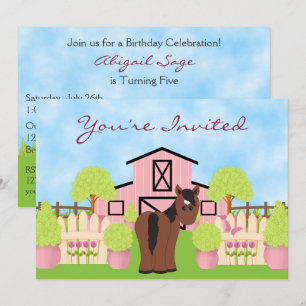 Cute Horse ~ Pretty Pink Barn Birthday Invitation