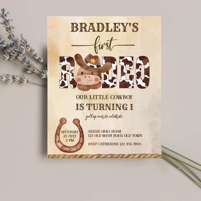 Cute horse rodeo cowboy birthday budget invitation (Cute baby cowboy horse first rodeo birthday western invitation template cow pattern sript)